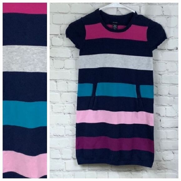 Nautica Girls Sweater Dress Large 8/10 Navy Wide Stripe Short Sleeve Cozy Winter - Picture 1 of 6